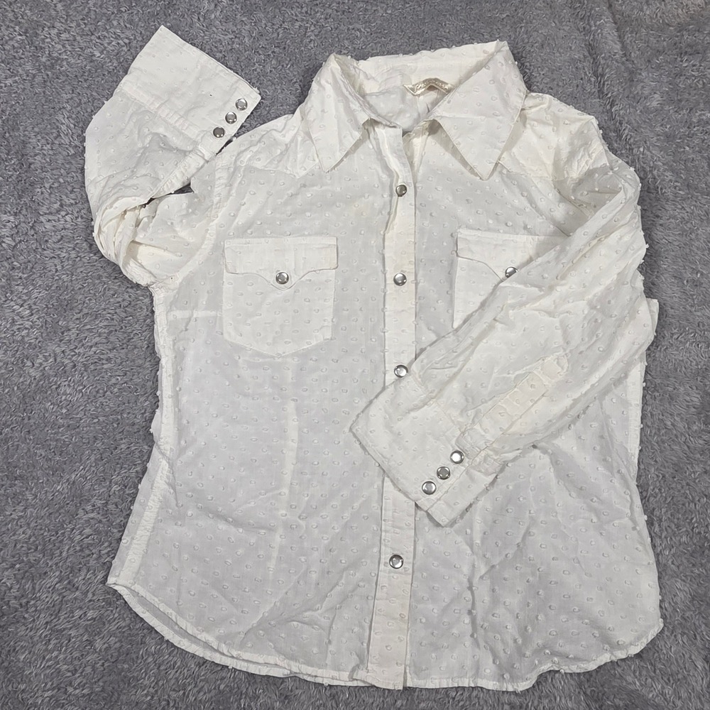 Fresh + Wear Western Shirt Juniors L White Swiss Dot Pearl Snap Cotton Boho